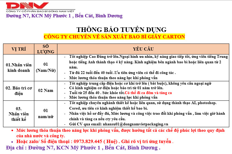 CÔNG TY CỔ PHẦN BAO BÌ ĐÔNG NAM VIỆT TUYỂN DỤNG THÁNG 5 