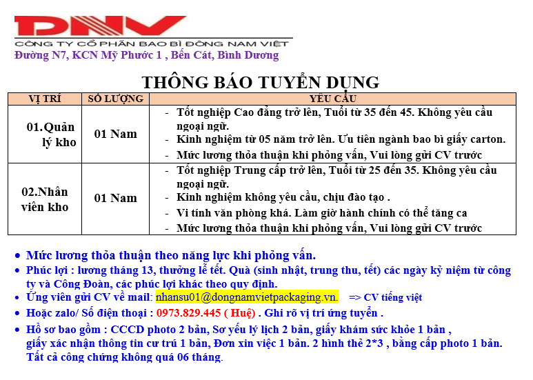 Bao Bì Đông Nam Việt (Dong Nam Viet Packaging JSC) tuyển dụng tháng 7